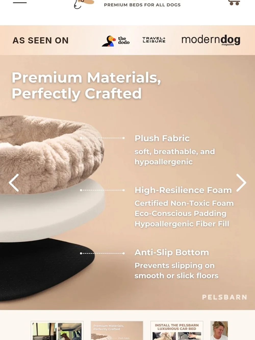 Pelsbarn Dog Car Bed Charcoal with Gold Hardware
